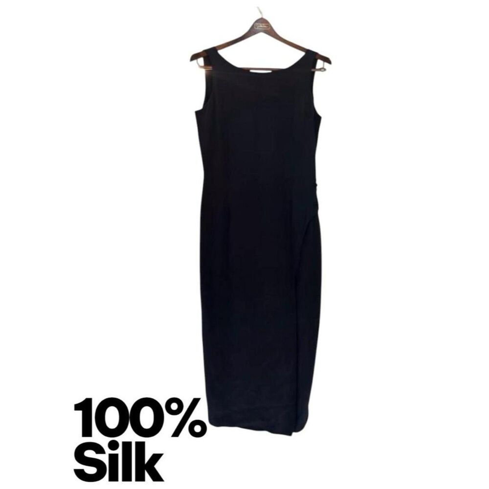 Patrick Collection Black 90s cocktail midi dress zipper closure flower slit